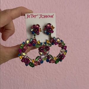 Betsey Johnson Multicolor Floral Crystal Hoop Earrings with Pink Rose Accents